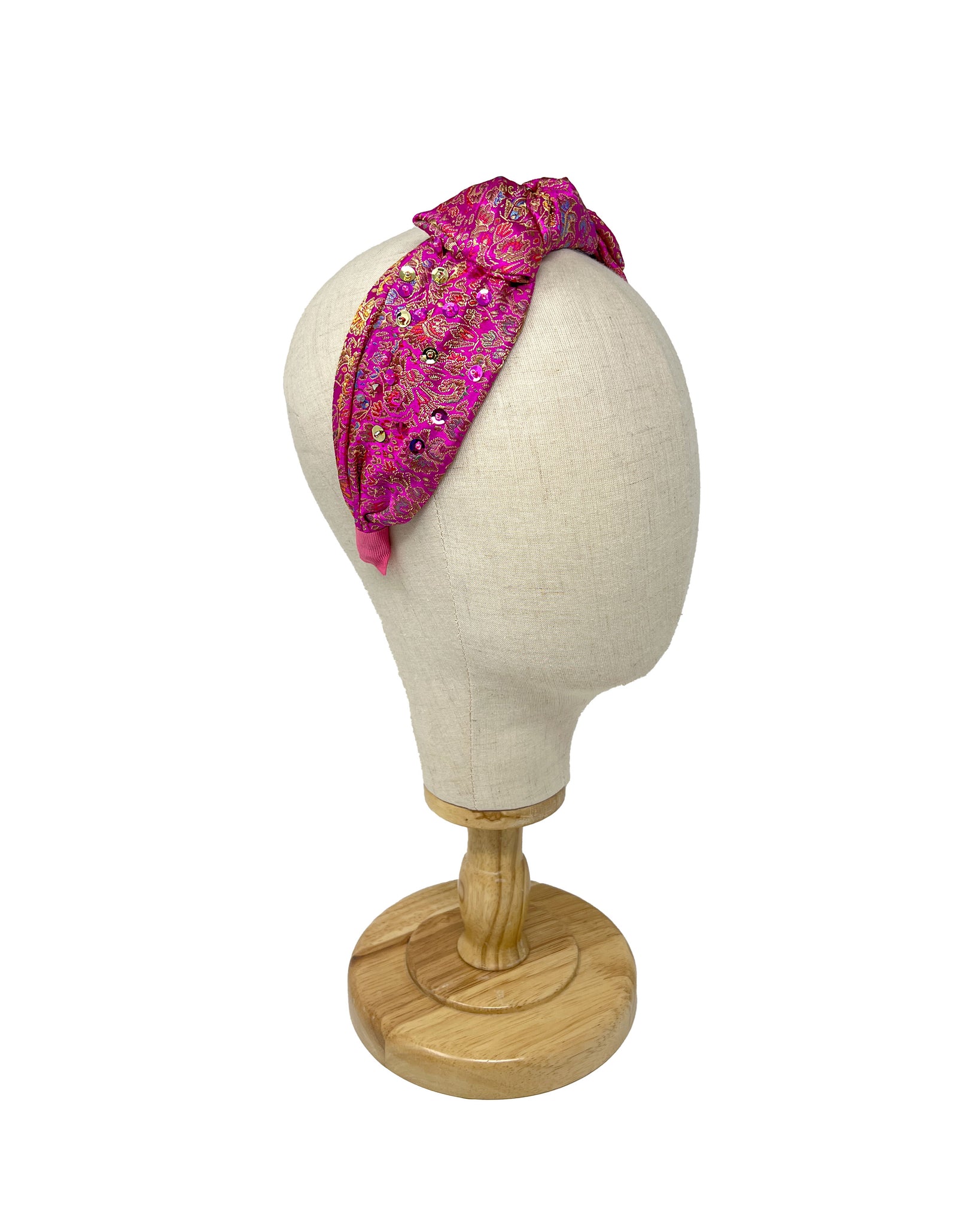 Fucsia and gold silk brocade hairband with sequins