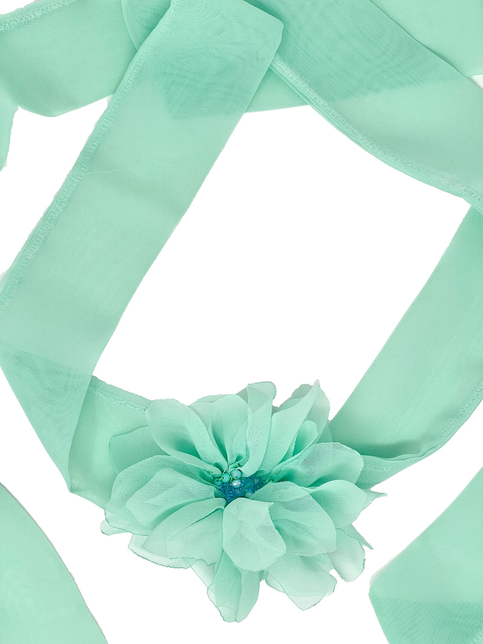 Green mint chiffon foulard with embroidered flower