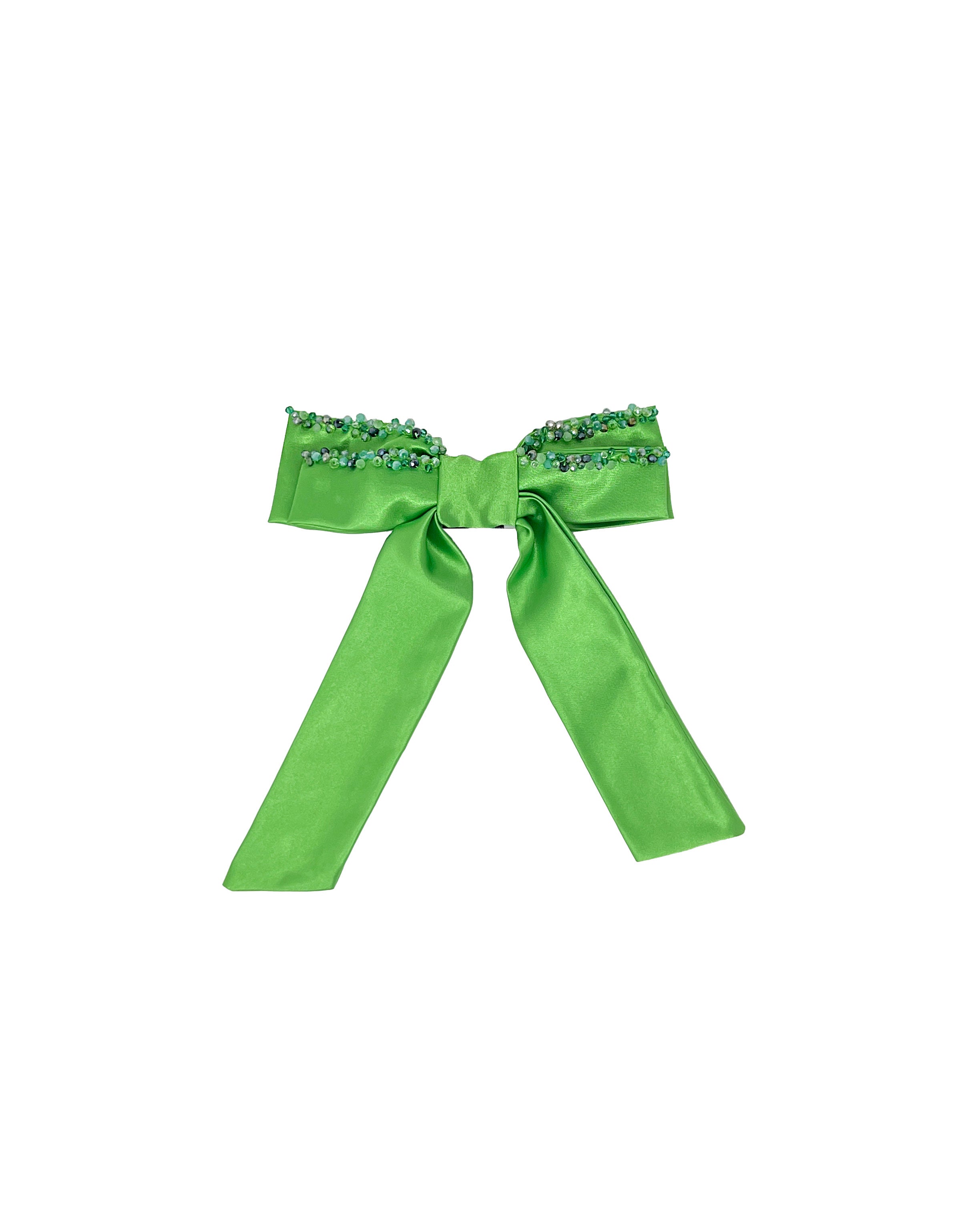 Green satin bow with embroidered crystals | Tétè Handmade 