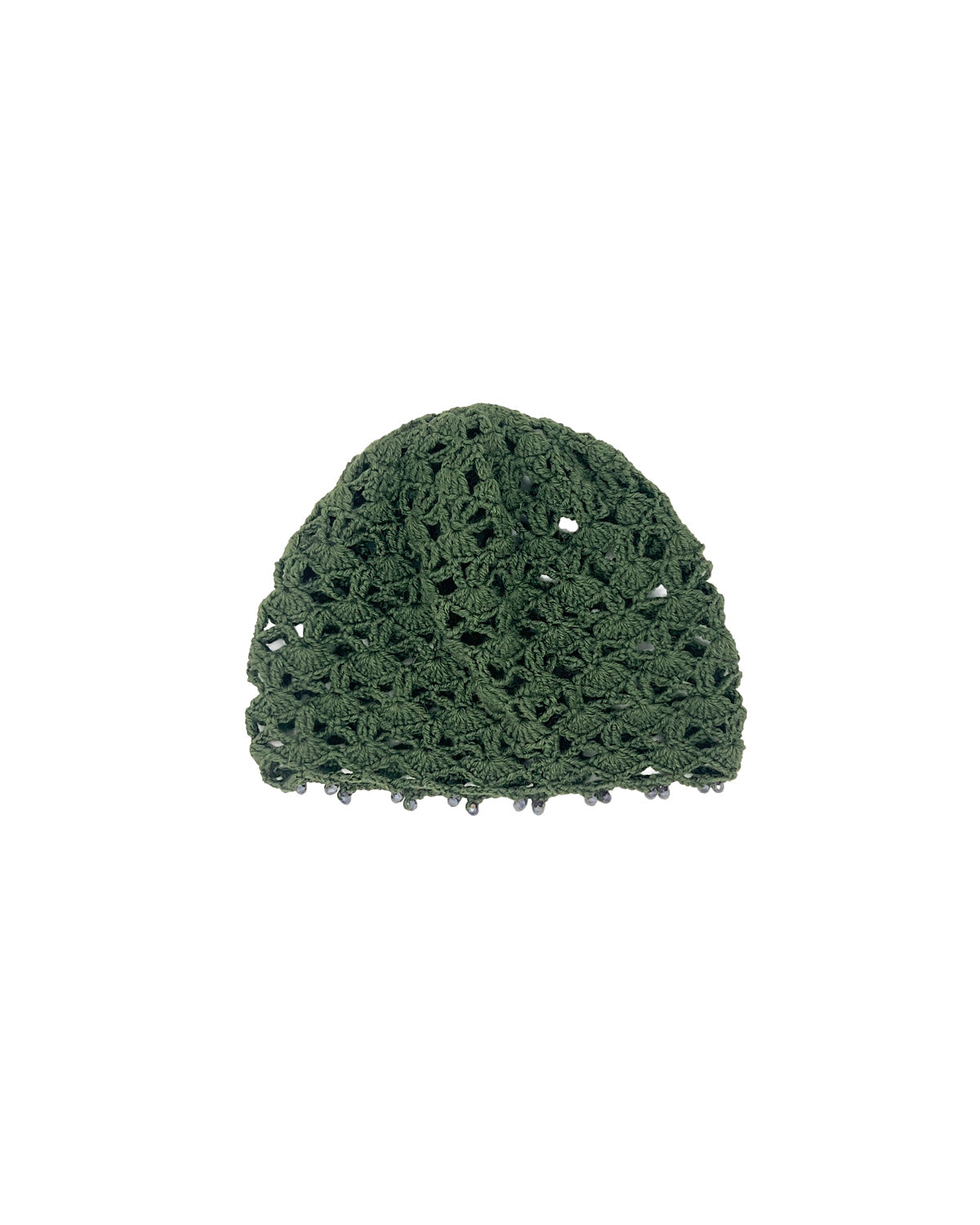 Dark green wool crocheted bonnet with crystals