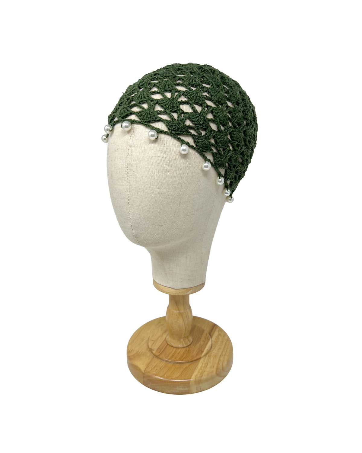 Dark green wool crocheted bonnet hat with pearls