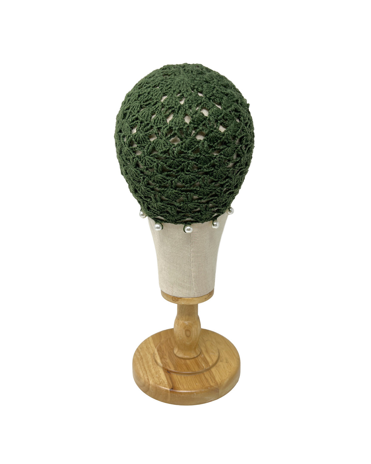 Dark green wool crocheted bonnet hat with pearls