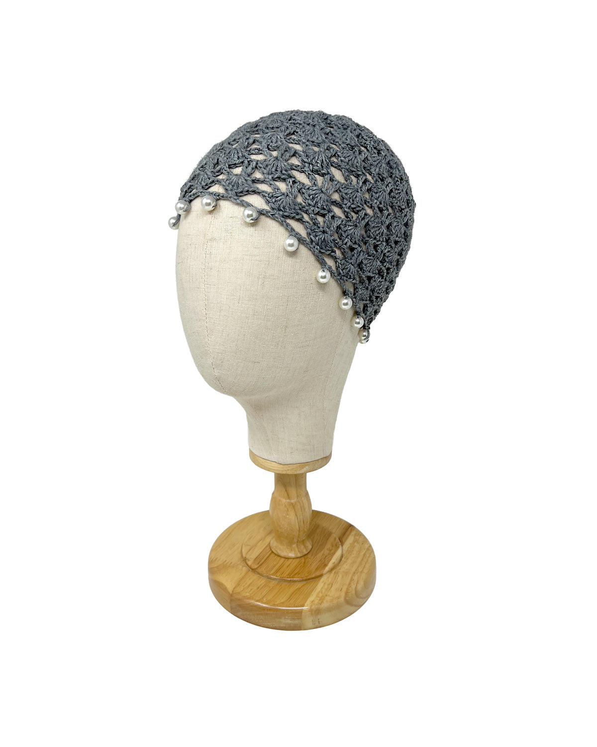 Grey wool crocheted bonnet hat with pearls