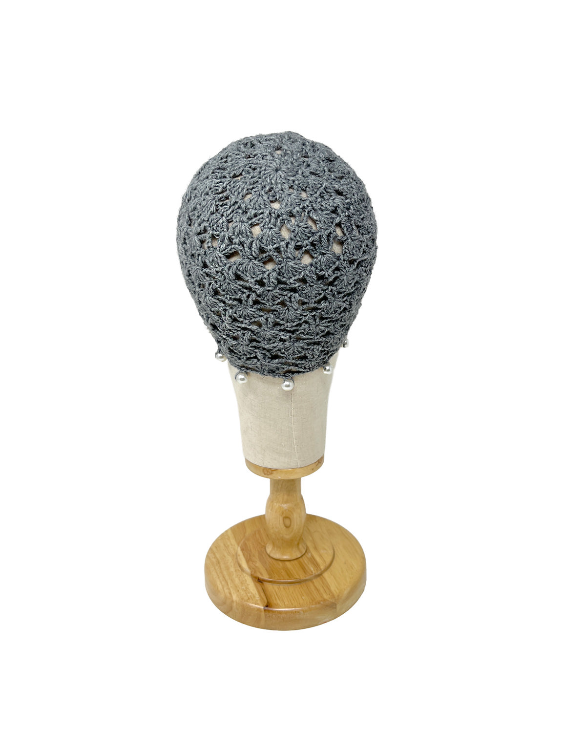 Grey wool crocheted bonnet hat with pearls