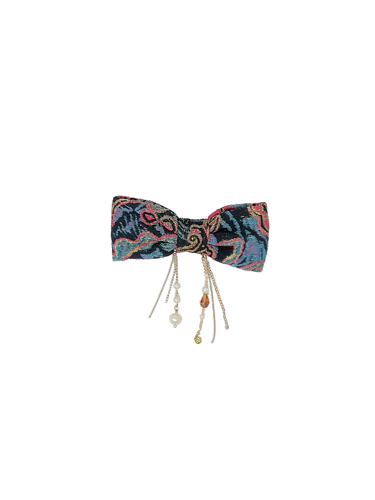 Light blue and fuxia brocade bow barrette with crystals
