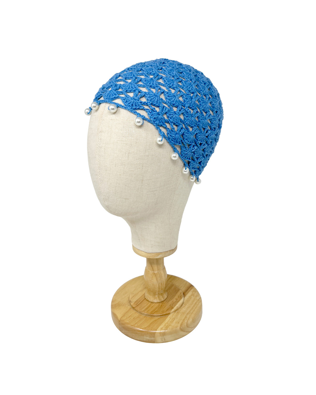 Light blue wool crocheted bonnet hat with pearls