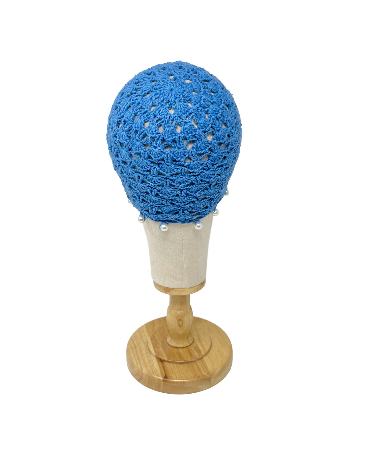 Light blue wool crocheted bonnet hat with pearls