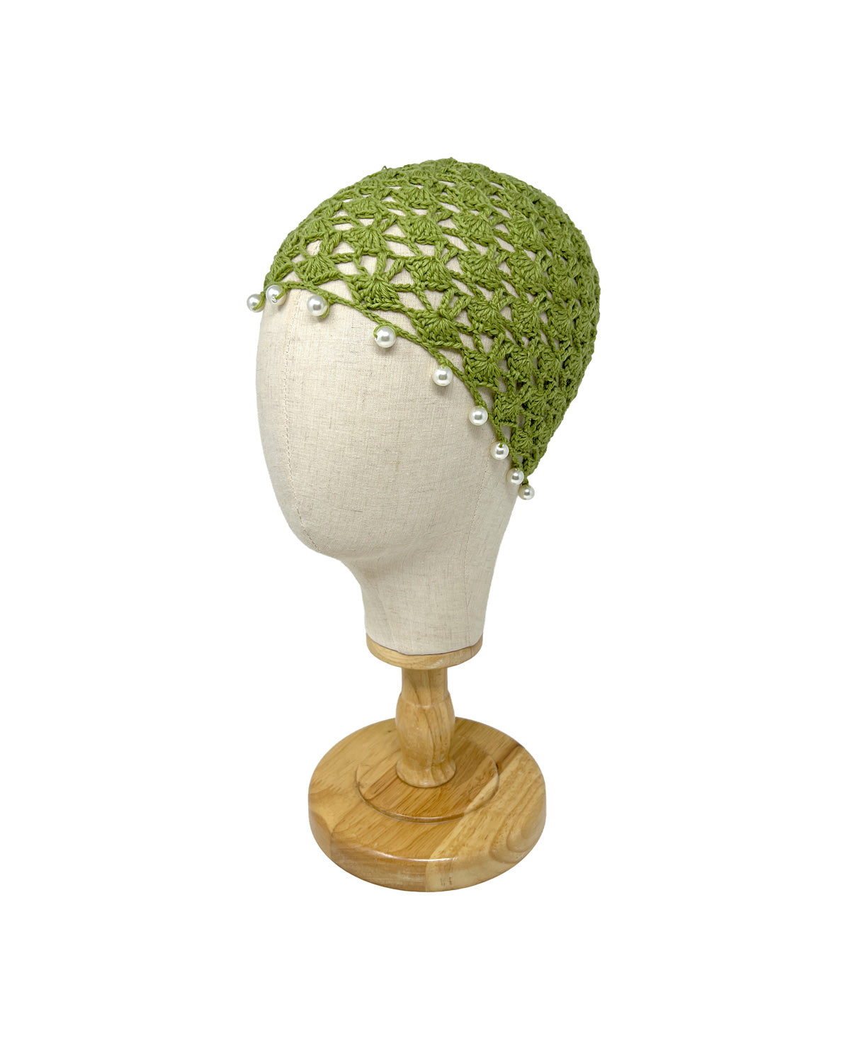 Lime green wool crocheted bonnet hat with pearls