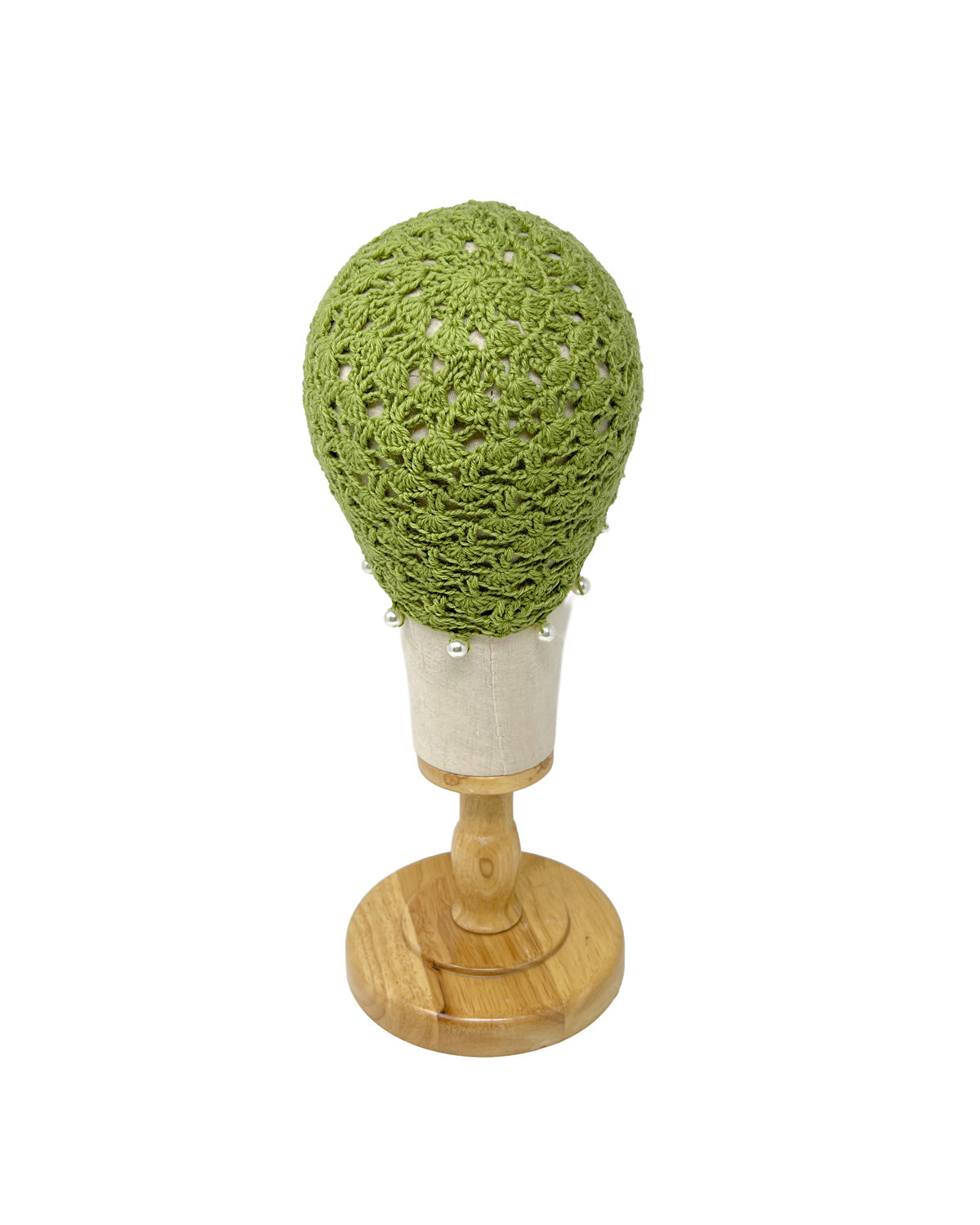 Lime green wool crocheted bonnet hat with pearls