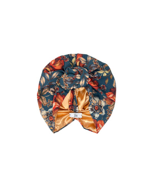 Floral patterned octanium and orange satin turban