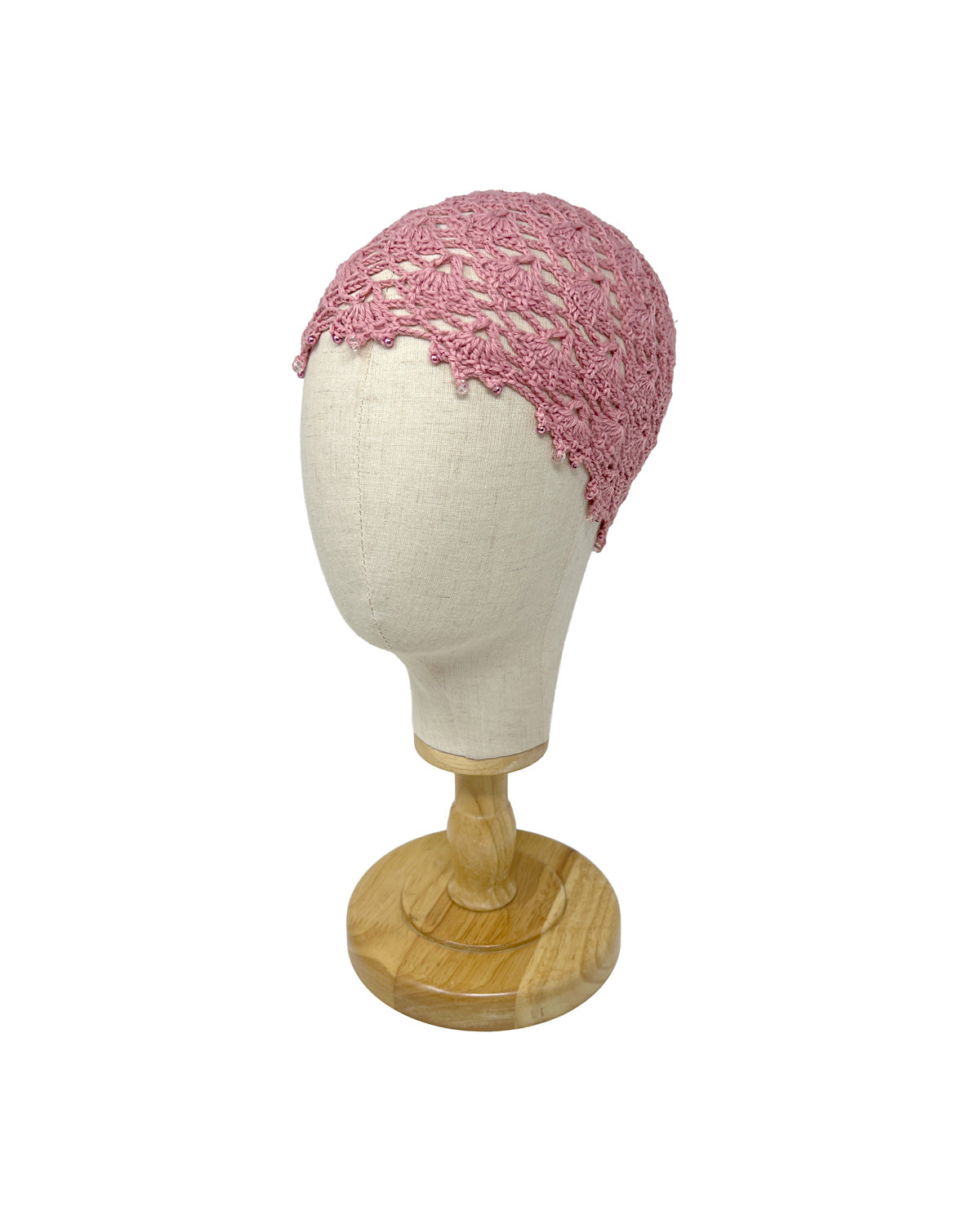 Pink wool crocheted bonnet hat with crystals