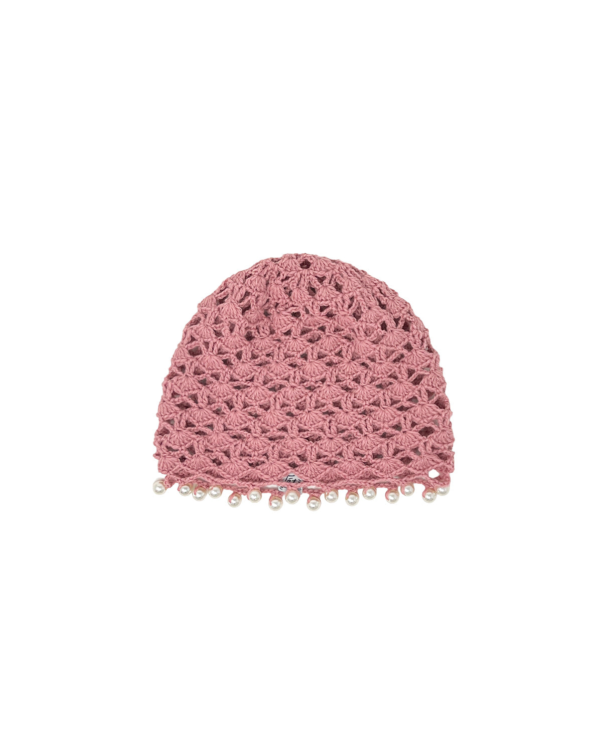Pink wool crocheted bonnet hat with pearls