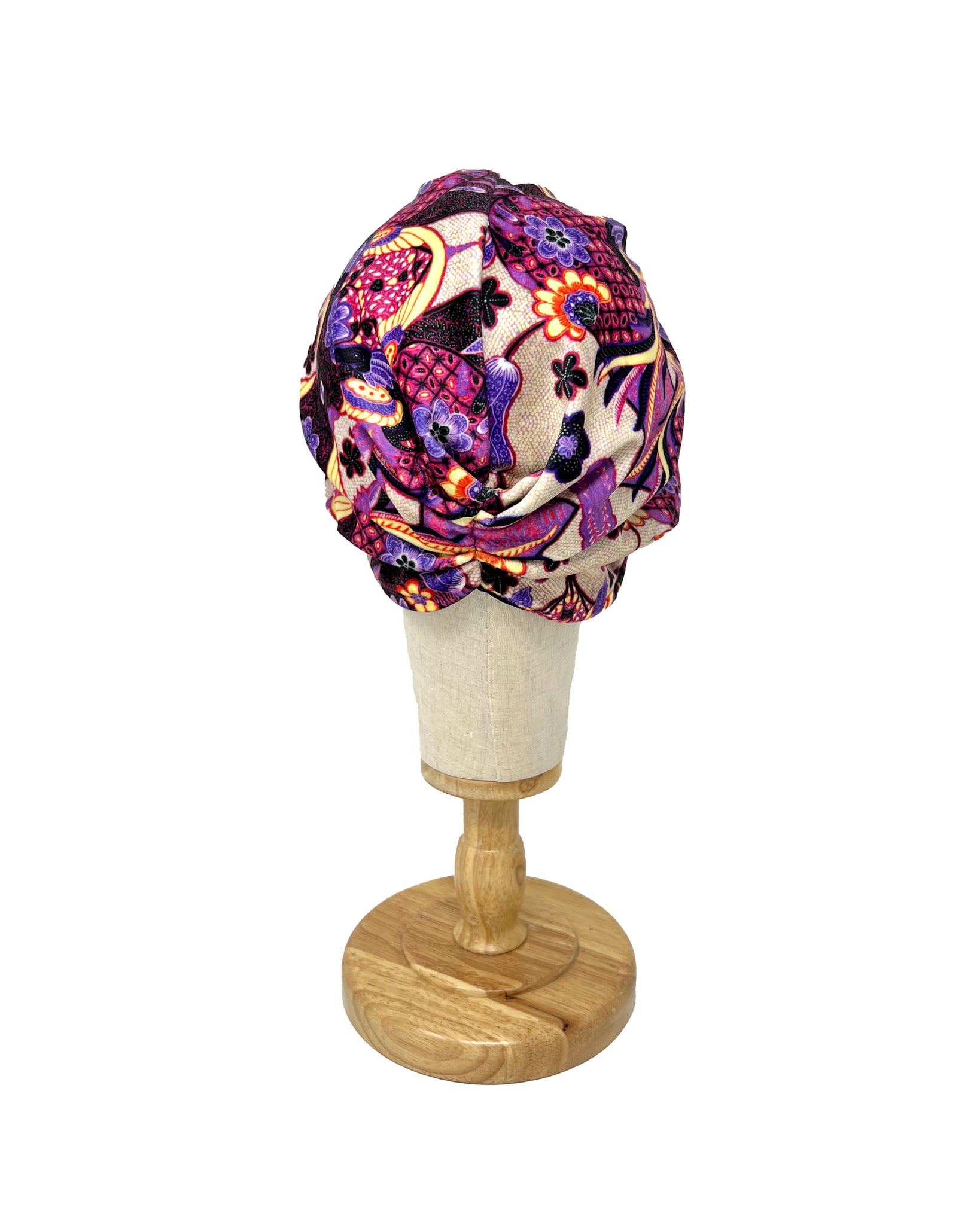 "Rachel" white and violet paisley cotton velvet turban