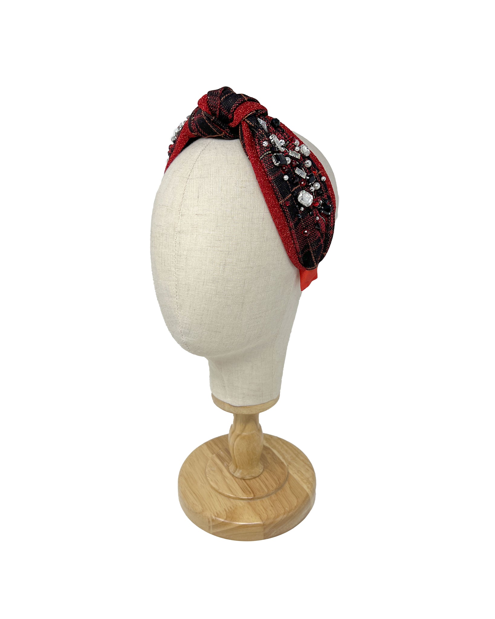 Red lurex plaid jersey hairband with central knot