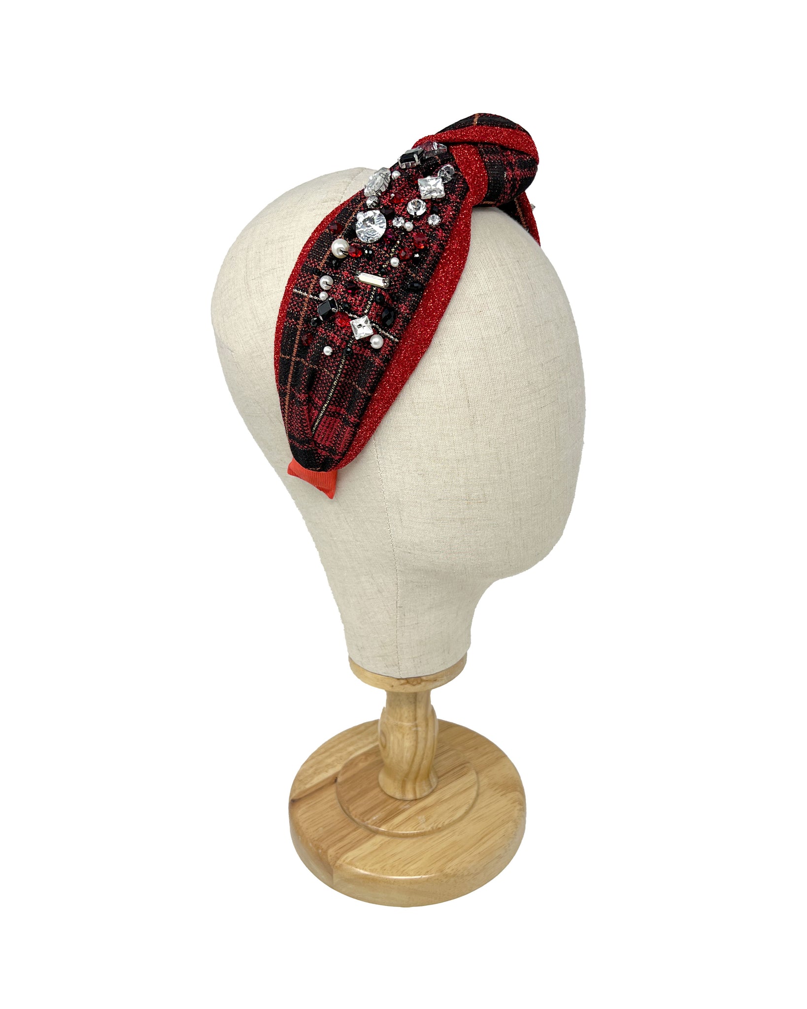 Red lurex plaid jersey hairband with central knot