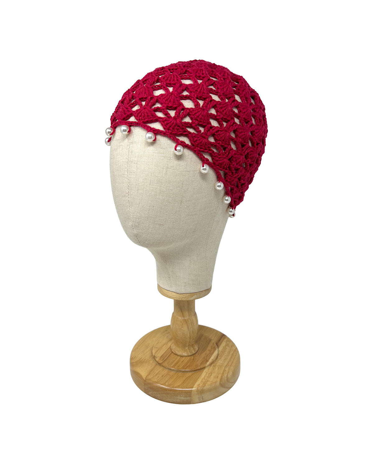 Cherry red wool crocheted bonnet hat with pearls
