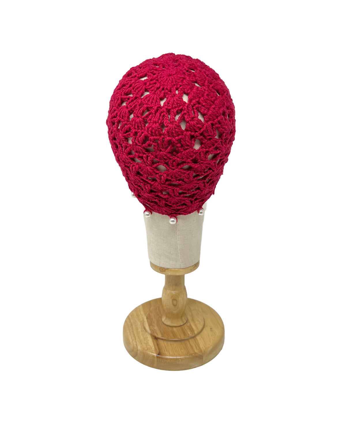 Cherry red wool crocheted bonnet hat with pearls