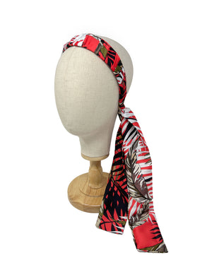 Tropical patterned red satin foulard hairband