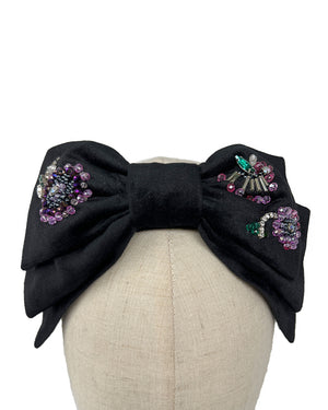 Violet and green embroidered black velvet hairband with double bow