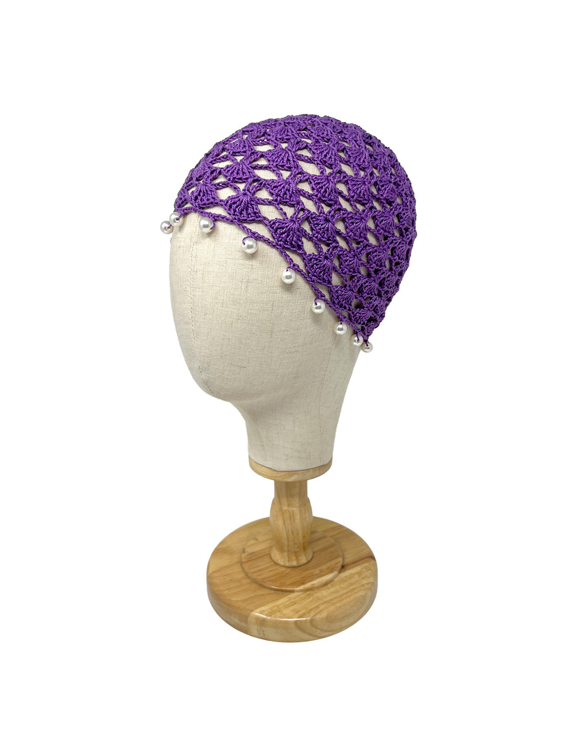 Violet cotton crocheted bonnet hat with pearls