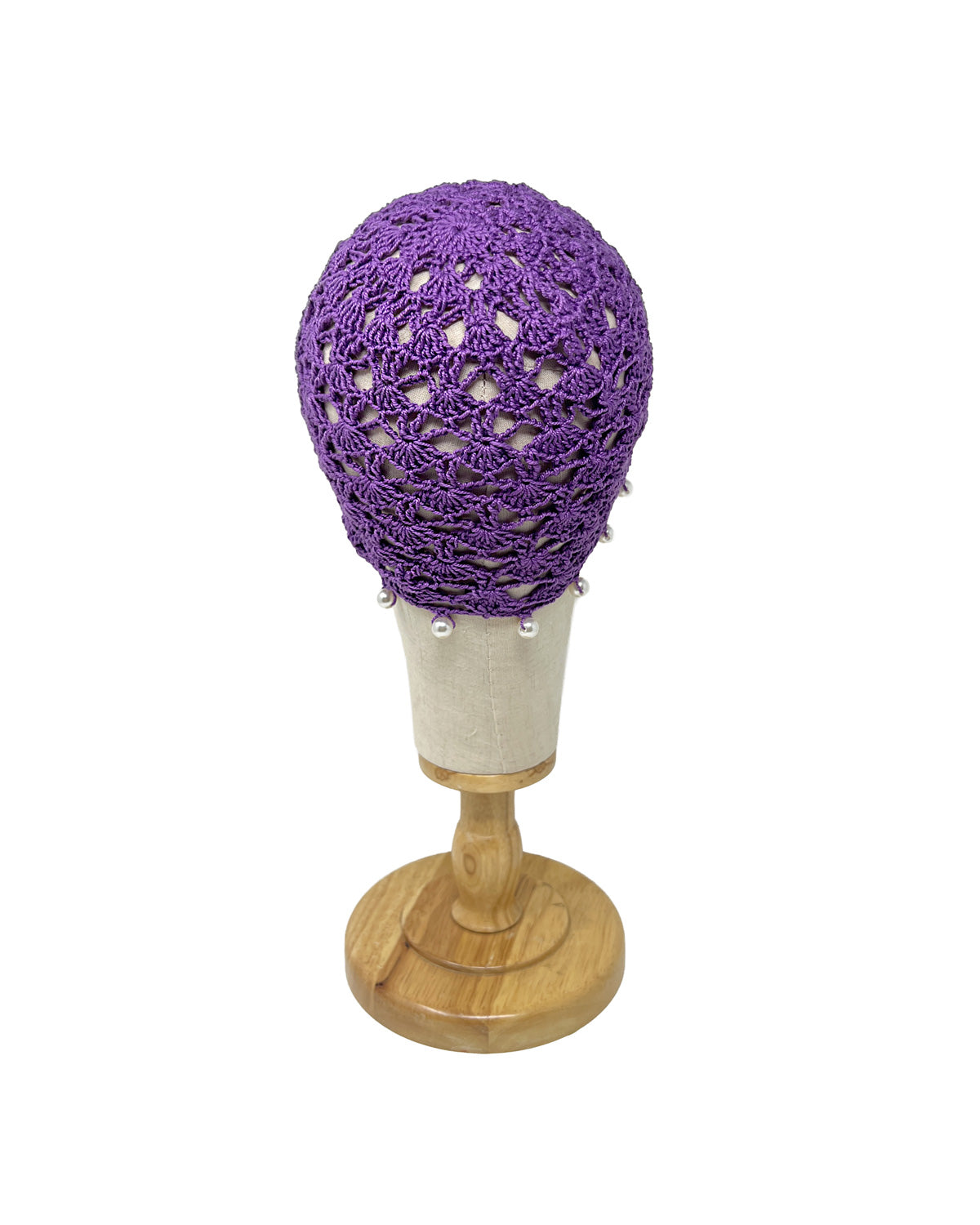 Violet cotton crocheted bonnet hat with pearls