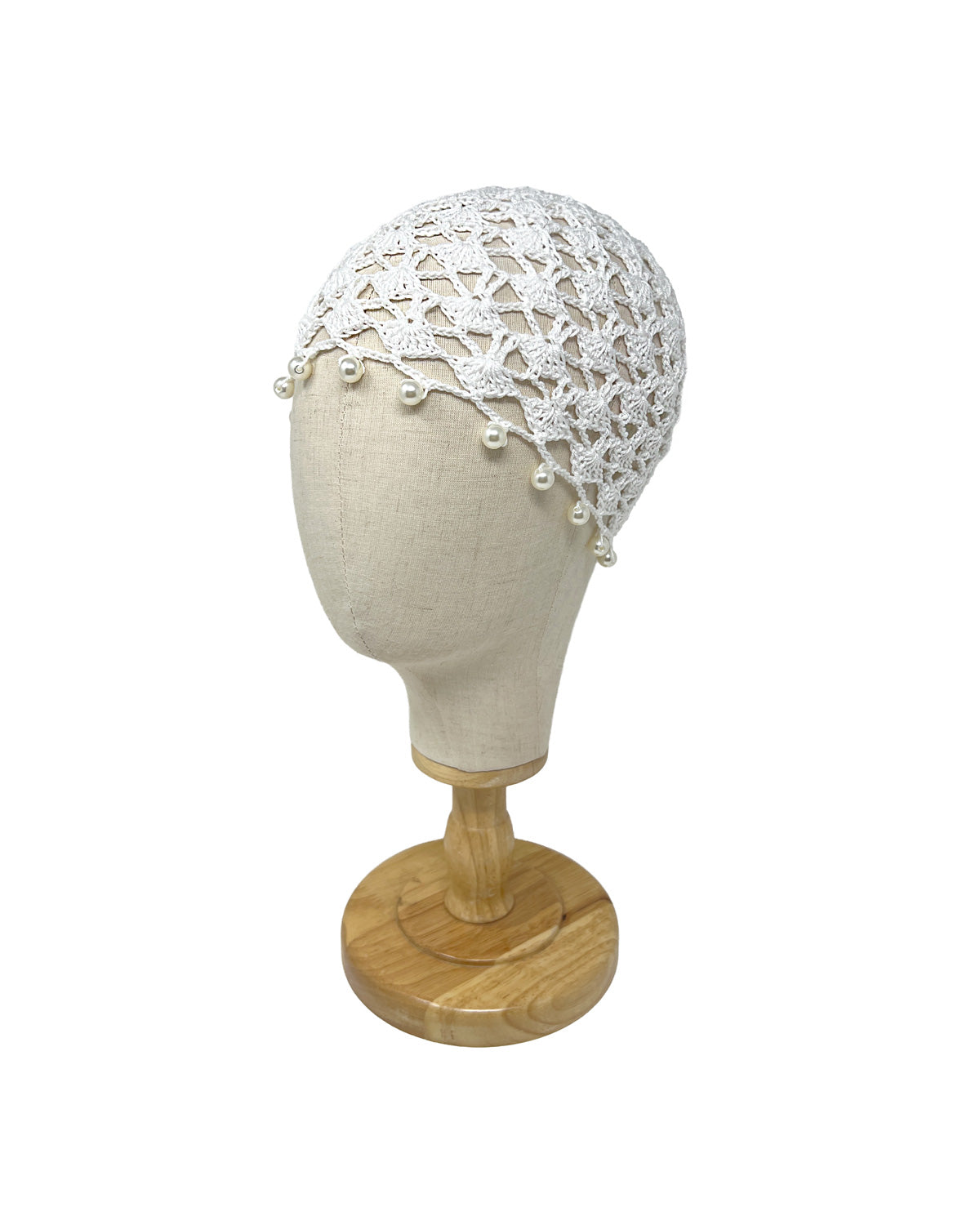 White cotton crocheted bonnet hat with pearls
