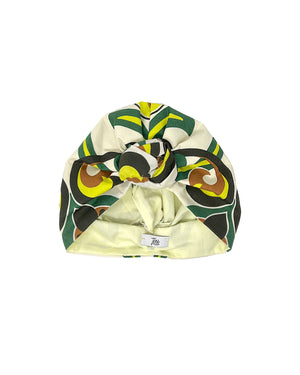 White cotton turban with yellow green and brown cashmere design