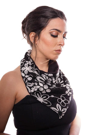 Black and white bandana with wool embroidered flowers