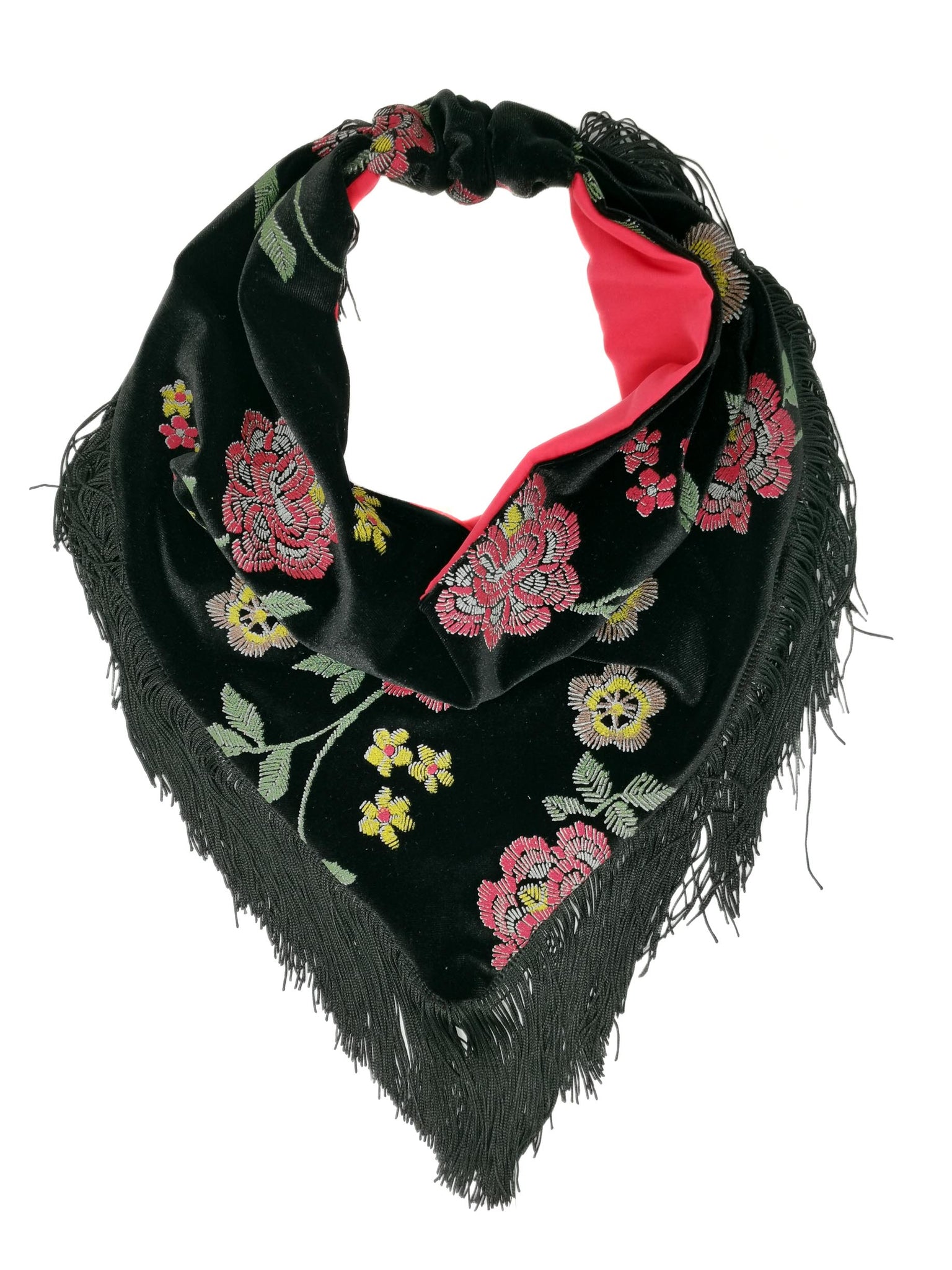 Black velvet bandana with embossed flowers and fringes