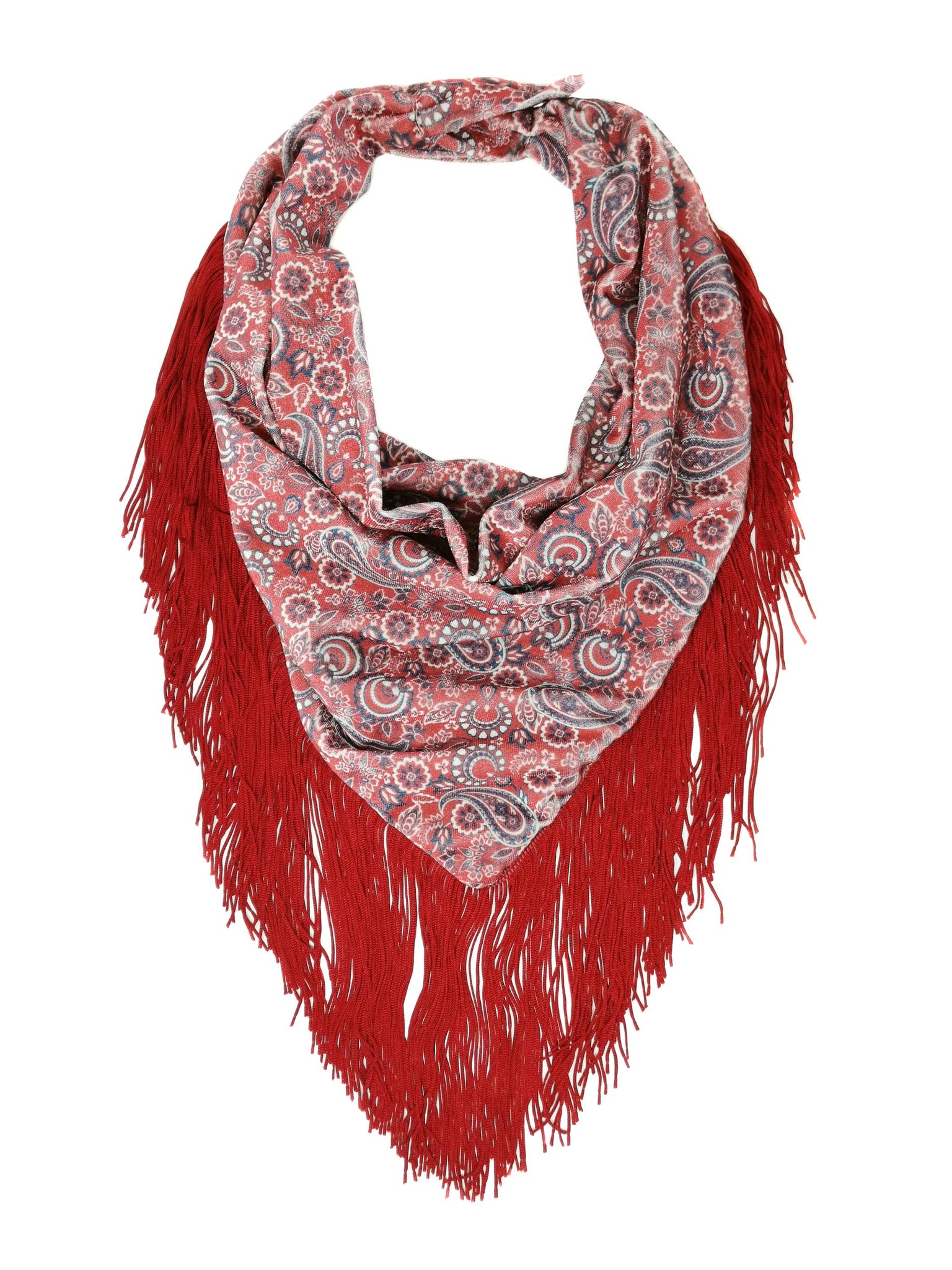 Red paisley velvet bandana with red fringes