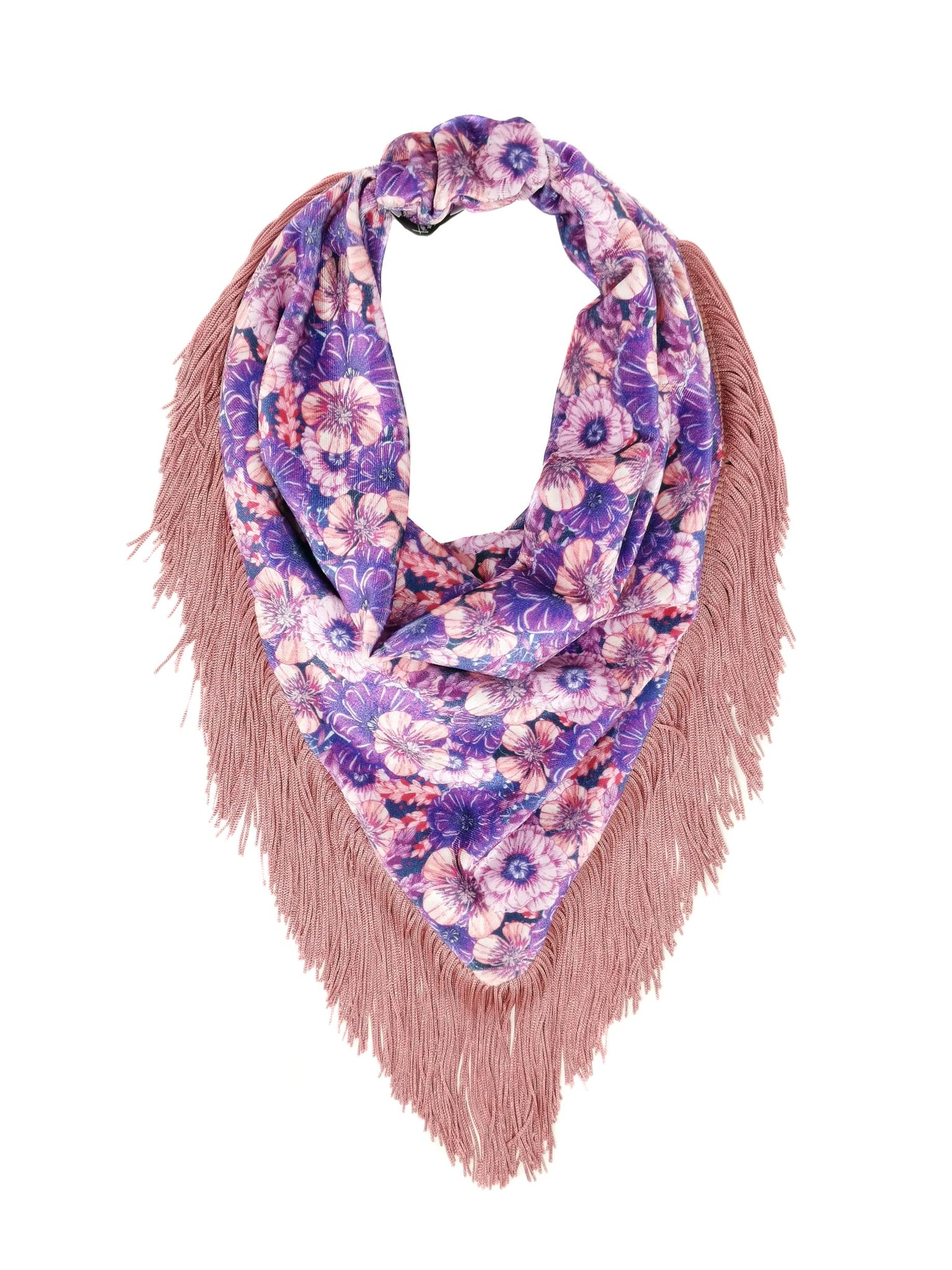 Pink and lilac floral pattern velvet bandana with fringes