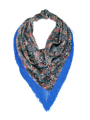 Black velvet paisley-patterned bandana with electric blue fringes
