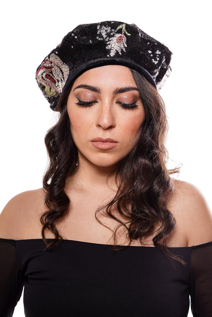Black sequins beret with white embroidered flowers