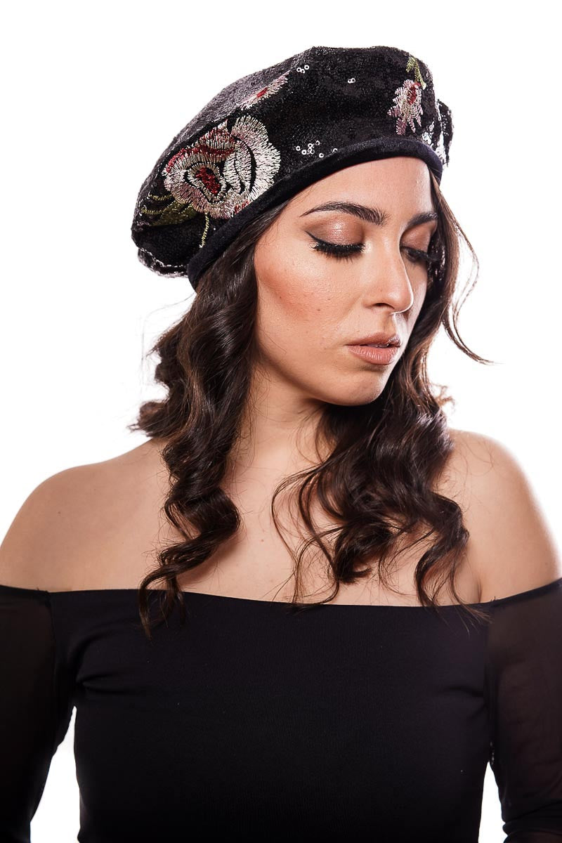 Black sequins beret with white embroidered flowers