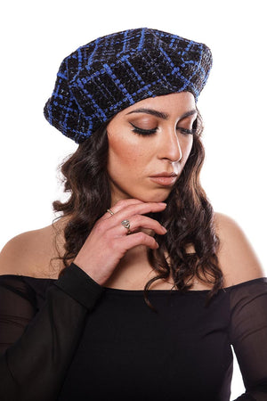 Black and blue tweed beret