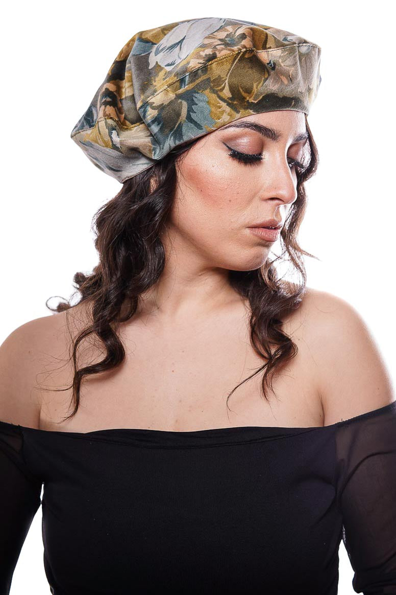 Light blue and green floral fancy beret