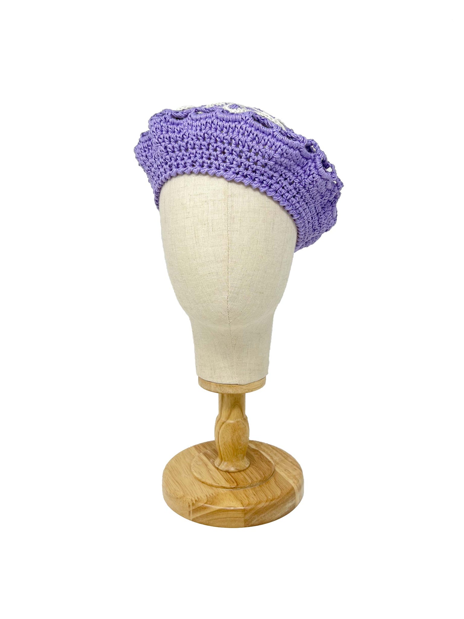 Lilac crocheted beret with crocheted flowers