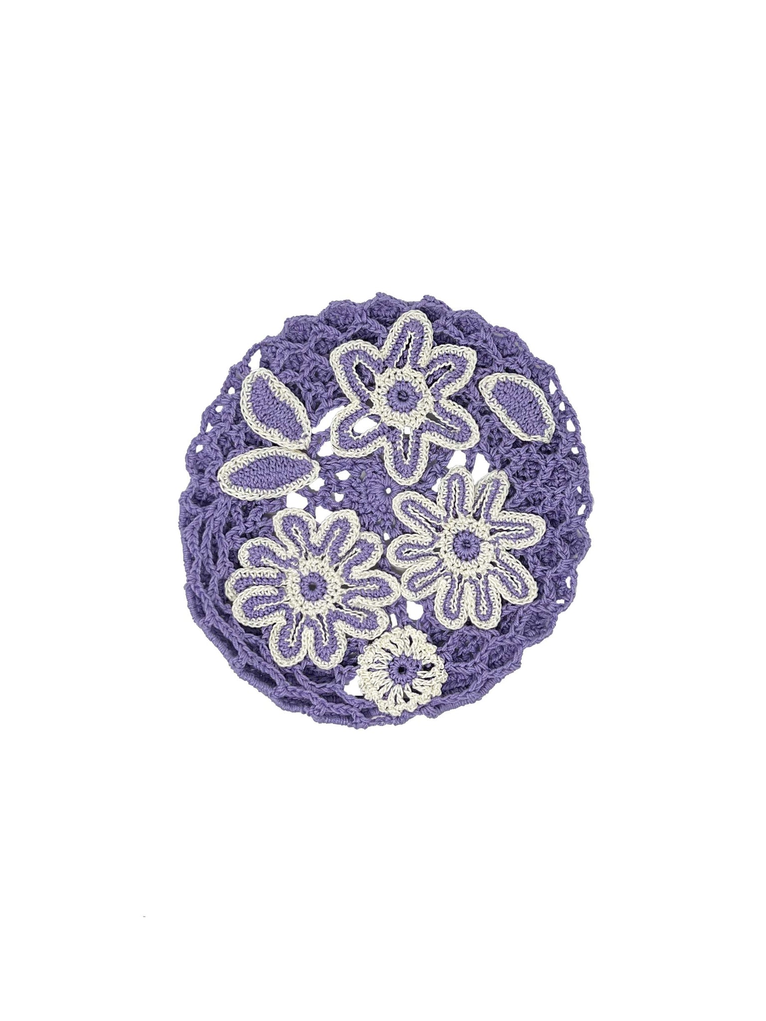 Lilac crocheted beret with crocheted flowers