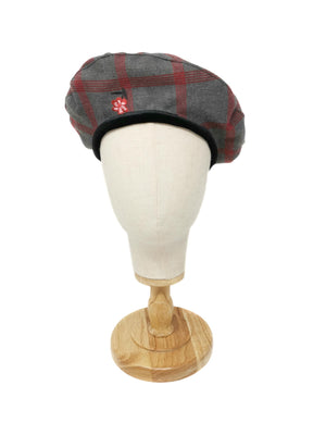 Grey and red tartan wool beret with embroidered cotton flowers