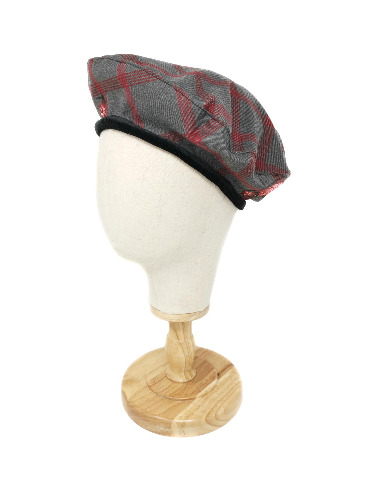 Grey and red tartan wool beret with embroidered cotton flowers