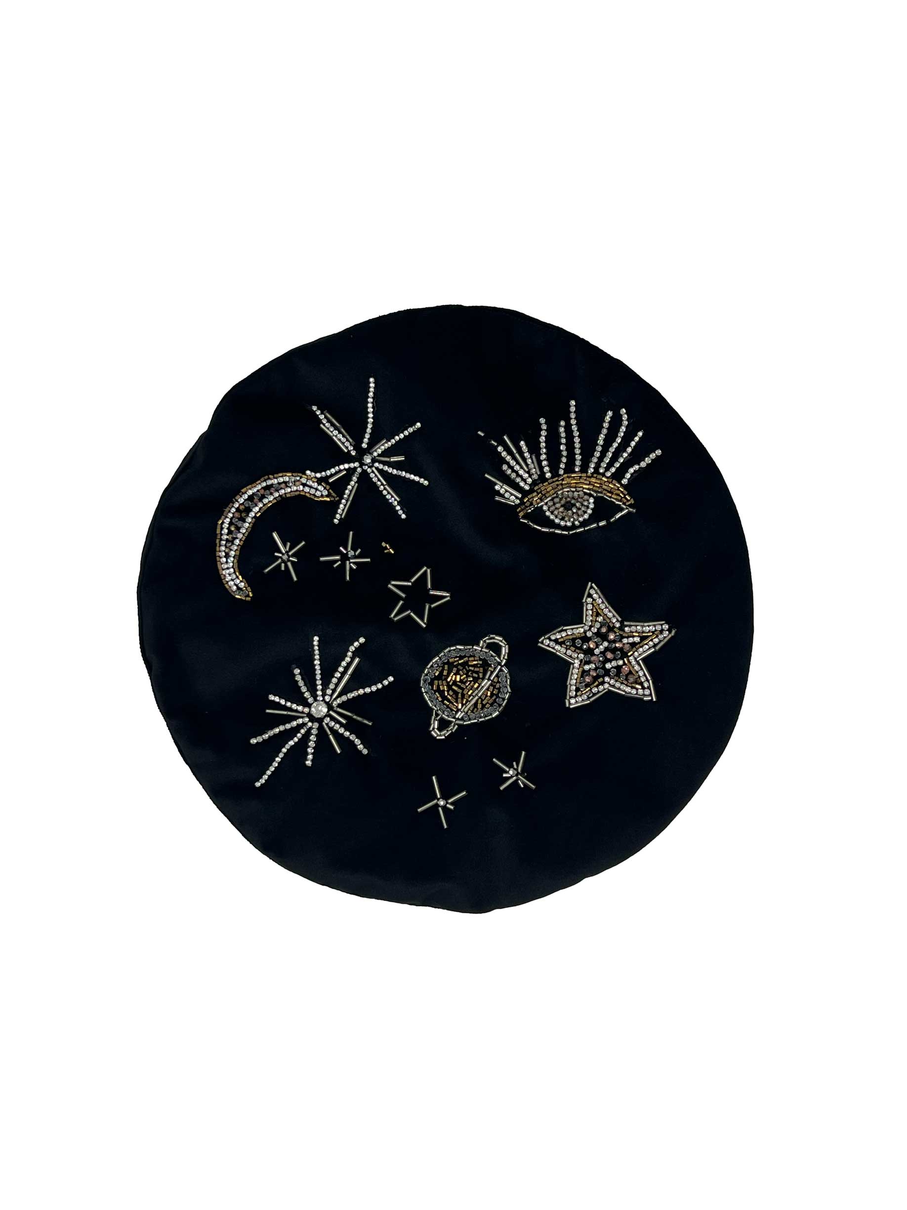 Black velvet embroidered stars moon beret | Tétè Handmade Accessories