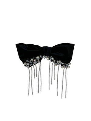 Embroidered black velvet bow barrette with crystals