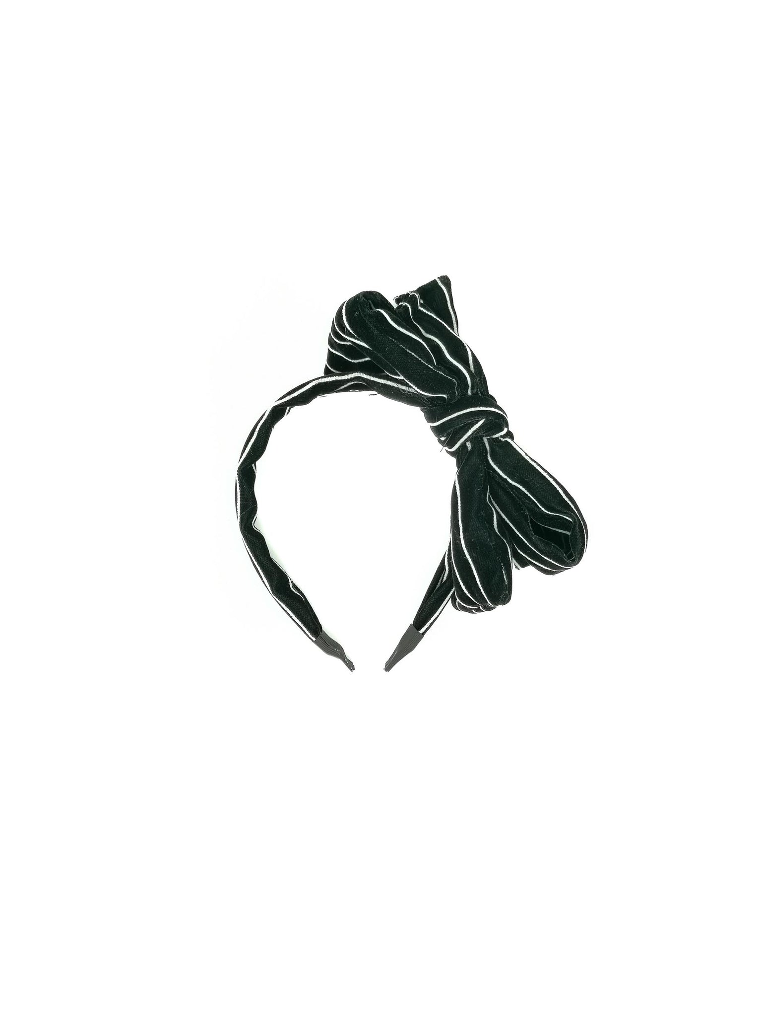 Cerchietto per capelli con fiocco in velluto a righe bianche e nere