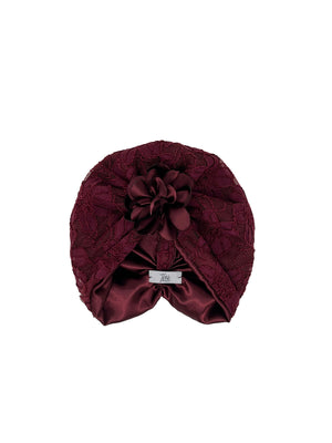 Bordeaux lace turban for baby girl with satin flower