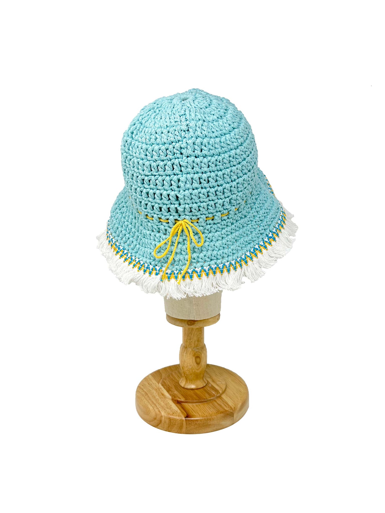 Light blue crocheted bucket hat with frills
