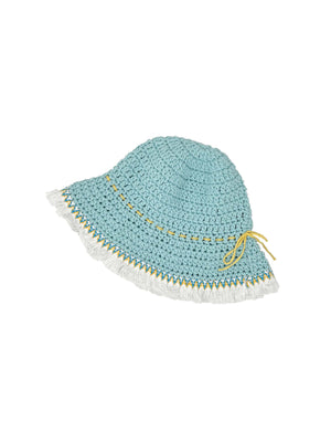Light blue crocheted bucket hat with frills