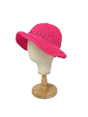 Fuxia crocheted bucket hat with multicolor string
