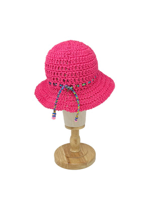 Fuxia crocheted bucket hat with multicolor string