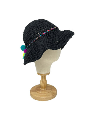 Black crocheted bucket hat with pom poms