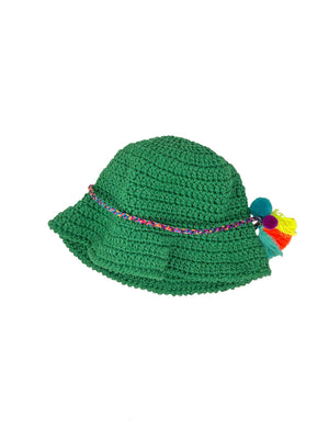 Green handmade crocheted bucket hat with pom poms